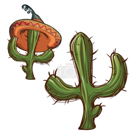 Illustration for Cactus and cactus wearing Mexican Sombrero. Colored sketch isolated on white background. EPS10 vector illustration - Royalty Free Image