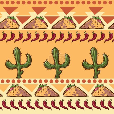 Téléchargez les photos : Ornement mexicain avec des cactus dessinés à la main de style croquis, jalapeno et tacos. Palette de couleurs mexicaine. Modèle sans couture. Illustration vectorielle EPS10 - en image libre de droit