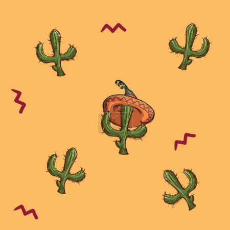 Illustration for Mexican ornament with sketch style hand drawn cactuses wearing sombreros. Mexican color palette. Seamless pattern. EPS10 vector illustration - Royalty Free Image