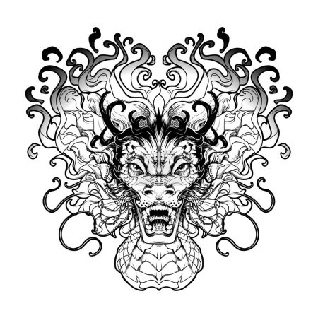 Illustration for Chinese Dragon. Zodiac symbol of the New Year 2024. Hand-drawn black line illustration isolated on a white background. - Royalty Free Image