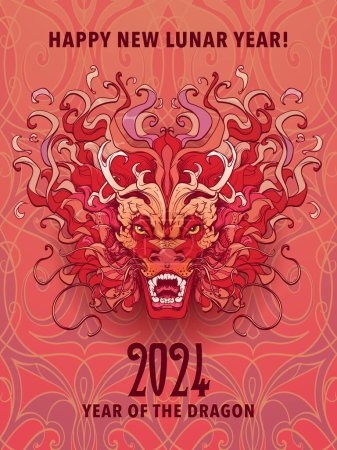 Illustration for The Year of Dragon Holiday Poster or Postcard. Zodiac symbol of the New Year 2024. Line drawing of the Chinese dragon head coloured and isolated on an ornamental background. NOT AI. EPS10 vector. - Royalty Free Image