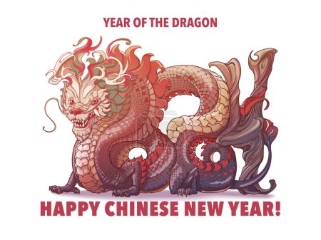 Illustration for The Year of Dragon Holiday Poster or Postcard. Zodiac symbol of the New Year 2024. Dragon body curved to form 2024. Line drawing coloured and isolated on a white background. NOT AI. EPS10 vector. - Royalty Free Image