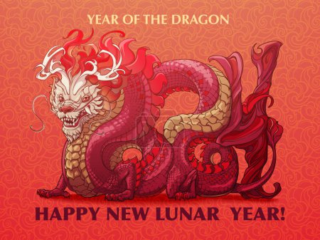 Illustration for The Year of Dragon Holiday Poster or Postcard. Zodiac symbol of the New Year 2024. Dragon body curved to form 2024. Line drawing coloured and isolated on red textured background. NOT AI. EPS10 vector. - Royalty Free Image