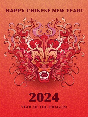Ilustración de El año de Dragon Holiday Poster o postal. Símbolo zodiacal del Año Nuevo 2024. Dibujo en línea de la cabeza de dragón chino coloreado y aislado sobre un fondo ornamental. No AI. EPS10 vector. - Imagen libre de derechos
