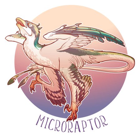 Illustration for Hunting Microraptor. Small dinosaur running for its prey. Line drawing colored and isolated on a white background. Sticker. Not AI. EPS10 Vector illustration - Royalty Free Image