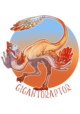 Illustration for Gigantoraptor mating dance. Linear drawing colored isolated on a white background. Big non-avian dinosaur complex behaviour. Sticker. Not AI. EPS10 Vector illustration - Royalty Free Image