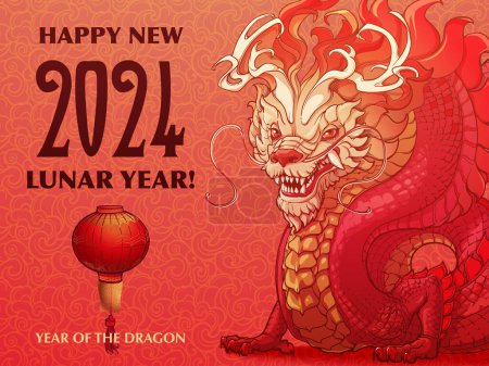Ilustración de El año de Dragon Holiday Poster o postal. Símbolo zodiacal del Año Nuevo 2024. Cuerpo de dragón curvado para formar 2024. Dibujo en línea coloreado y aislado sobre fondo rojo texturizado. No AI. EPS10 vector. - Imagen libre de derechos