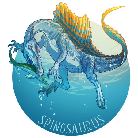 Ilustración de Spinosaurus cazando peces. Dibujo a mano lineal de color aislado sobre un fondo blanco. Ilustración paleoartística. Pegatina o placa. EPS10 Ilustración vectorial - Imagen libre de derechos