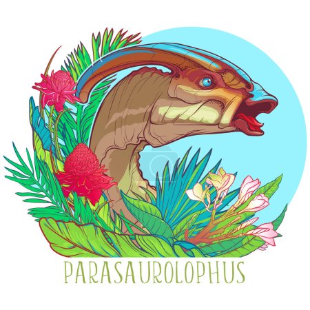 Illustration for Parasaurolophus head, surrounded by the lush tropical plants and flowers. Dinosaurus is trumpeting. Linear drawing vividly colored and isolated on a white. Paleoart vector illustration. - Royalty Free Image