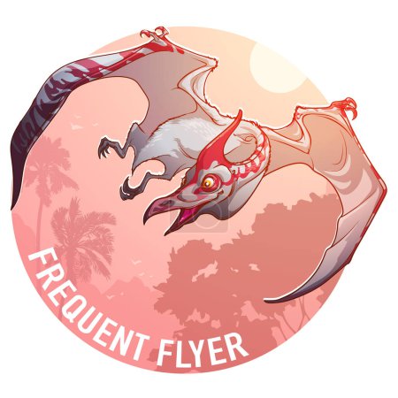 Illustration for Cute Pterosaurus flying over tropical forest. Paleoart. Circular Badge or Icon. Frequent flyer sign. Line drawing brightly colores and Isolated on white background. EPS10 vector illustration. - Royalty Free Image