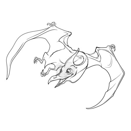 Ilustración de Lindo Pterosaurio volando. Paleoarte. Dibujo de línea negra Aislado sobre fondo blanco. Ilustración vectorial EPS10. - Imagen libre de derechos