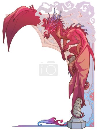 A cartoon illustration of a red dragon sitting on a pedestal, featuring bold graphics and magenta accents. The drawing depicts a fictional character in a vibrant artistic style. Decorative frame. 