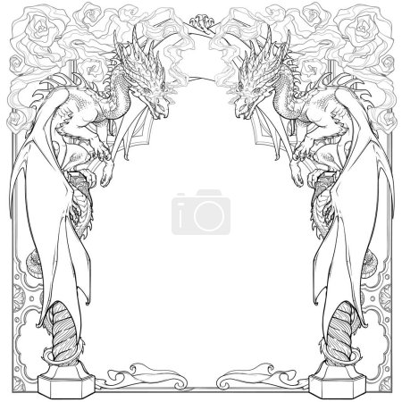 Dos dragones sentados en un arco gótico y exhalando humo, protegiendo la entrada al mundo de la fantasía. Composición simétrica cuadrada, adecuada como plantilla. Ilustración vectorial EPS10.