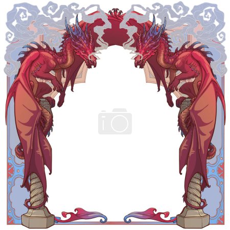 Zwei rote Drachen, die auf einem gotischen Bogen sitzen und Rauch ausatmen, bewachen den Eingang in die Welt der Fantasie. Quadratische symmetrische Komposition, geeignet als Vorlage. EPS10-Vektorabbildung.