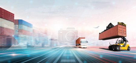 Foto de Container handler forklift loading at the docks to truck with stack of colorful containers box background and copy space, Cargo freight shipping import export logistics transportation industry concept - Imagen libre de derechos