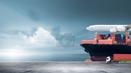 Photo for Containers cargo logistics import export transport concept, Big ship in the ocean, Container truck and plane at sunset dramatic sky background with copy space, Nautical vessel and sea freight shipping - Royalty Free Image