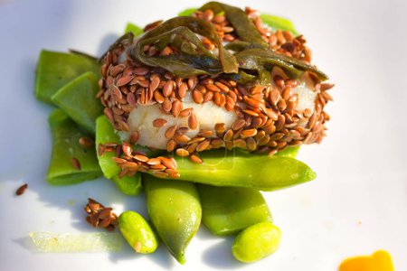 Téléchargez les photos : Filet de poisson, graines de ligne et haricots verts. macro photographie de la vraie nourriture gastronomique dans le restaurant italien sur la plage - en image libre de droit