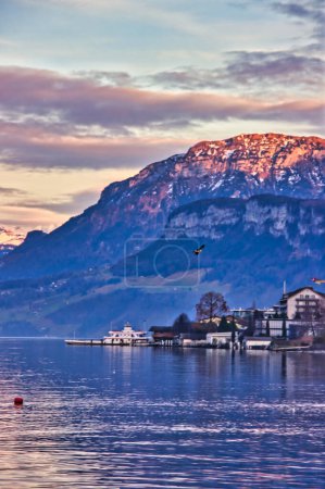 Magic sunset scenery on the shore of the lake of Lucerne, Switzerland.