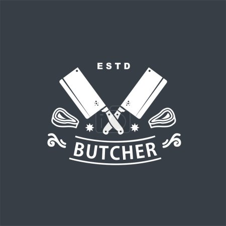 Téléchargez les illustrations : Boucherie logo de la boucherie avec couteaux Cleaver et Chef, Boucher Farmer's Market texte, Viande fraîche. - en licence libre de droit