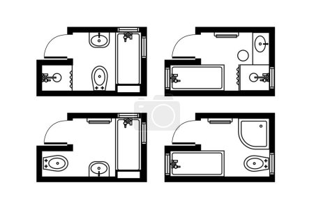 Illustration for Architectural plans for bathrooms, studios and houses. Interior floor plan and design elements for toilet, sink, bathtub and shower - Royalty Free Image