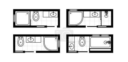 Illustration for Architectural plans for bathrooms, studios and houses. Interior floor plan and design elements for toilet, sink, bathtub and shower - Royalty Free Image