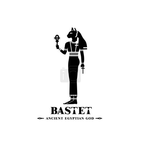 Illustration for Ancient egypt god of protection bast silhouette, middle east ruler cat with crown and death symbol - Royalty Free Image