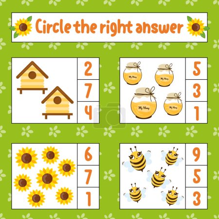 Circle the correct answer education worksheet development activity page with drawings game for children. Vector illustration