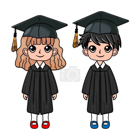 Illustration for Cute postgraduate students with diploma cartoon wearing hat. Vector illustration - Royalty Free Image