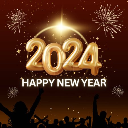 Feliz Año Nuevo 2024 ilustraciones, tarjetas de felicitación, y carteles de fondo, pancartas. Feliz Año Nuevo 2024 números dorados y confeti festivo sobre un fondo negro. Ilustración vectorial vacaciones. 