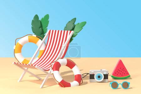 Photo for Banner with traveling and tourism elements colorful touristic objects in beach scene and place for text Summer holiday background 3D Web Vector Illustrations - Royalty Free Image