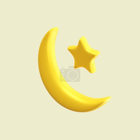 Sichel Mond und Stern 3d Element des Ramadans oder Ramadhan. Glückliche eid Mubarak Illustration. Realistisches 3D-Symbol