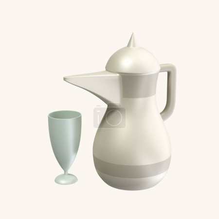 Trinkgläser oder Tasse und Teekanne 3D Element des Ramadan oder Ramadhan Icon. Illustration zum fröhlichen Eid Mubarak