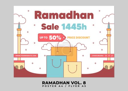 Flat Ramadan or Ramadhan A4 Poster or Flyer Design Collection with Arabic Style
