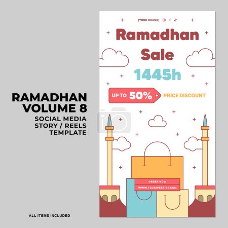 eid mubarak social media post template vector illustration. Flat Ramadan or Ramadhan Social Media Story Stories Reels Design Collection with Arabic Style