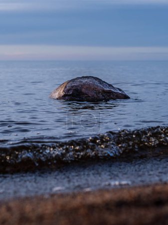 Ein einsamer Stein thront wie ein Wächter im Meer und bezeugt die Schönheit des Sonnenuntergangs in Veczemju Klintis, ein Zeugnis der zeitlosen Gegenwart der Natur