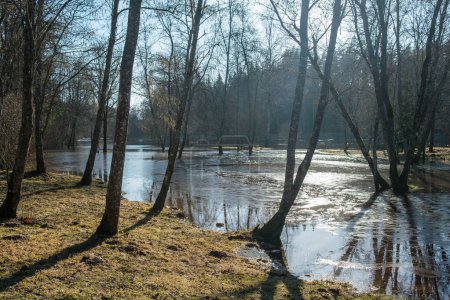 Eine Szene des Chaos spielt sich ab, als der Fluss Gauja über die Ufer tritt und den Campingplatz in Cesis mit Hochwasser überschwemmt - eine Erinnerung an die rohe Kraft der Natur