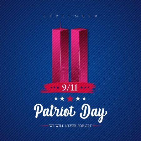 Illustration for Remembering September 9 11. Patriot Day. September 11. Never Forget USA 9/11. Twin Towers On American Flag. World Trade Center Nine Eleven. Vector Design Template With Red, White And Blue Colour - Royalty Free Image