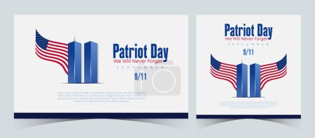Illustration for Set of Remembering September 9 11. Patriot Day. September 11. Never Forget USA 9/11. Twin Towers On American Flag. World Trade Center Nine Eleven. Vector Design Template in Red, White, And Blue Colour - Royalty Free Image