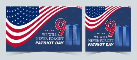 Illustration for Set of Remembering September 9 11. Patriot Day. September 11. Never Forget USA 9/11. Twin Towers On American Flag. World Trade Center Nine Eleven. Vector Design Template in Red, White, And Blue Colour - Royalty Free Image