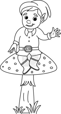 Téléchargez les illustrations : Cartoon Gnome est assis sur un champignon pour la coloration. Illustration vectorielle Gnome drôle agitant sa main - en licence libre de droit