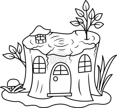 Casa de cuento de hadas para gnomos para colorear página. Vivienda de gnomo de dibujos animados, un tocón con puertas de madera, ventanas y una chimenea en la parte superior.