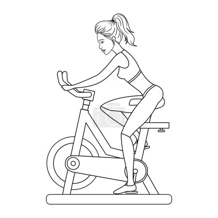 Téléchargez les photos : Jeune femme faisant de l'exercice sur un vélo d'exercice pour la coloration. Mode de vie sain. Illustration vectorielle. Sports et Fitness - en image libre de droit