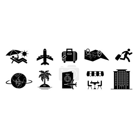 Illustration for Black Icon Set for Travel. Vector Illustrations of Man on the Beach, Man Hurrying with Luggage, Plane, Land, Hotel, Cafe, Bag, and Map - Royalty Free Image