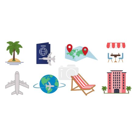 Illustration for Color Icons Travel. Vector Illustration Airplane, Earth, Hotel, Palm, Cafe, Bag, Chaise Longue, and Map - Royalty Free Image