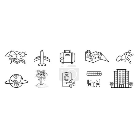 Illustration for Travel Icons Set. Vector Illustrations of Man on the Beach, Man Hurrying with Luggage, Plane, Land, Hotel, Cafe, Bag, and Map - Royalty Free Image