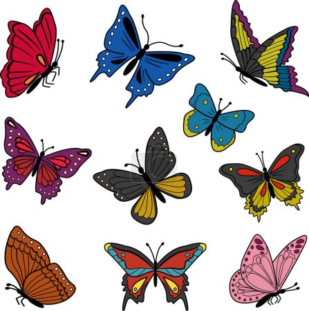 Téléchargez les illustrations : Collection de papillons de dessin animé vectoriels colorés. Illustration de voler de beaux papillons - en licence libre de droit