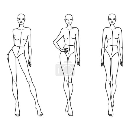 Sketch of Slim Posing Models. Ilustración vectorial de hermosas mujeres de moda. Figuras de moda Niñas plantilla