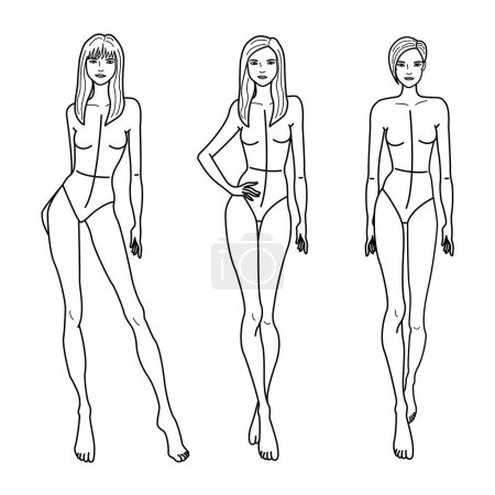 Sketch of Slim Posing Models with Hair. Ilustración vectorial de hermosas mujeres de moda. Figuras de moda Niñas plantilla