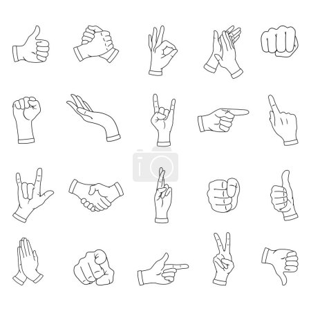 Illustration for Hand Gestures for Coloring. Cartoon Human Palms and Wrists. Fist, Handshake, Prayer, Ok Sign, and others. Vector illustration - Royalty Free Image
