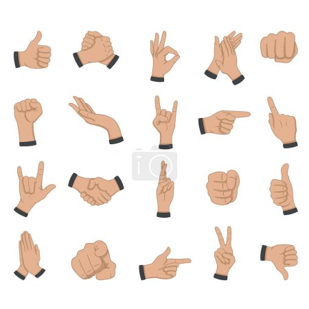 Illustration for Set of Hand Gestures. Cartoon Human Palms and Wrists. Fist, Handshake, Prayer, Ok Sign, and others. Vector illustration - Royalty Free Image